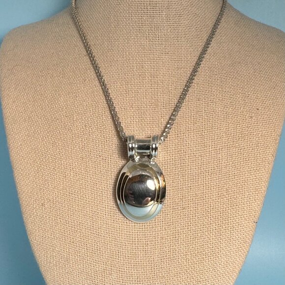 Oval Two Tone Statement Slide Pendant Textured Round Fancy Link Chain 16'' Long - Picture 1 of 10